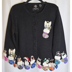 Michael Simon Events Cat Christmas Cardigan Sweater Black Sequin Stockings M